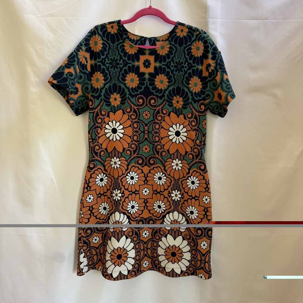 Maeve Anthropologie Retro Mod Floral Mini Short Sleeve Dress Orange Green Size M